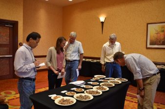 The four judges for the Texas Pecan Show gather around a table and examine plates filled with pecan kernels.