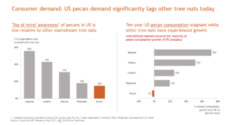 Two graphs from the APC. The bar graph on the left shows U.S. pecan's top of mind awareness among consumers compared to that of other tree nuts—almond, cashew, walnut, and pistachio. The chart on the right compares the percent of volume consumption growth from 2006 to 2016. Pecan's growth is at -3% while all other nuts had grow at 19% or greater.
