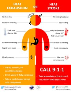 An infographic showing the symptoms for heat exhaustion on the left and heatstroke on the left.