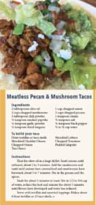 A recipe for meatless pecan and mushroom tacos with a picture of one of the tacos with full dressing