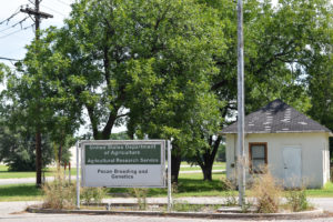 A sign in front of the parking lot of the Brownwood station reads USDA Agricultural Research Service: Pecan Breeding and Genetics. 