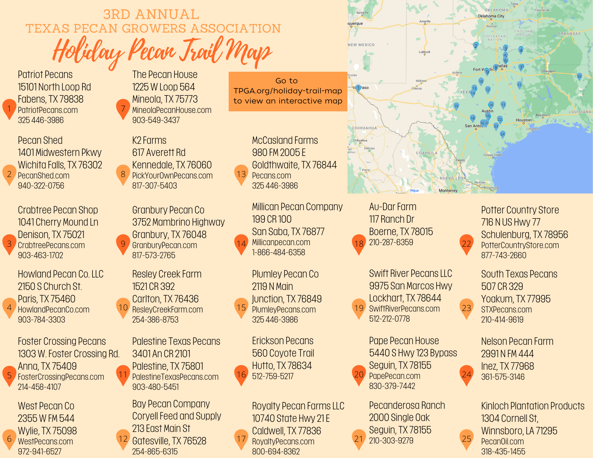 TPGA's Holiday Trail Map shows a list of pecan retail stores and orchards looking to sell to the general public this holiday season.