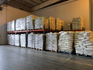 Supersacks of pecans stacked up in a warehouse in Argentina.