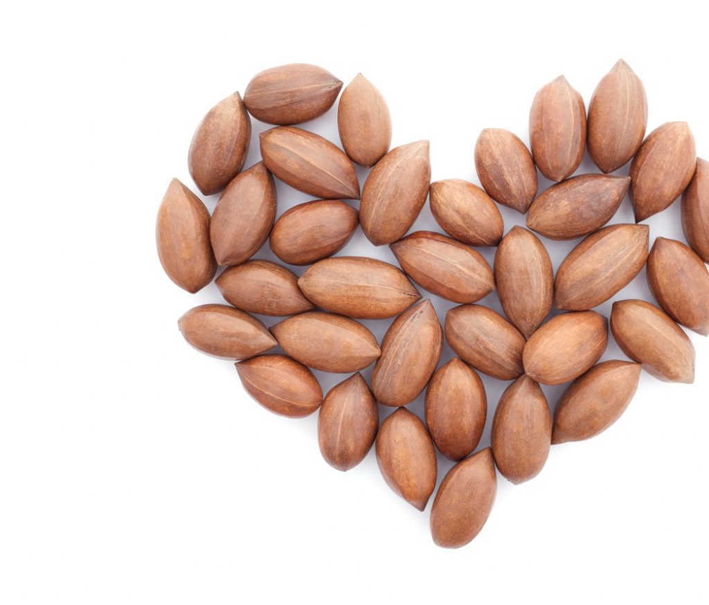 Inshell pecans lined up together to form a heart. American Pecans can be certified with the AHA's heart-check mark to show consumers they are a heart healthy food.