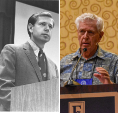 Two photos of George Ray McEachern side by side. On the left, a black and white photo of a middle-aged George Ray. He stands at a lectern and looks out to at a crowd behind the camera. On the right, a colored photo of George Ray, speaking to TPGA members at the 2017 Conference and Trade Show.
