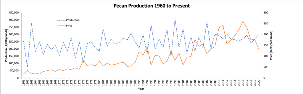 A chart showing the rises and falls of pecan production and price from 1961 to 2020. It also backs the observation that market timing pecan production is a questionable decision. 