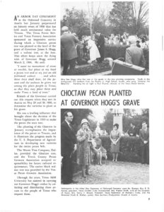A clipping for an issue of The Pecan Quarterly about pecan trees being planted at Gov. Hogg's grave.