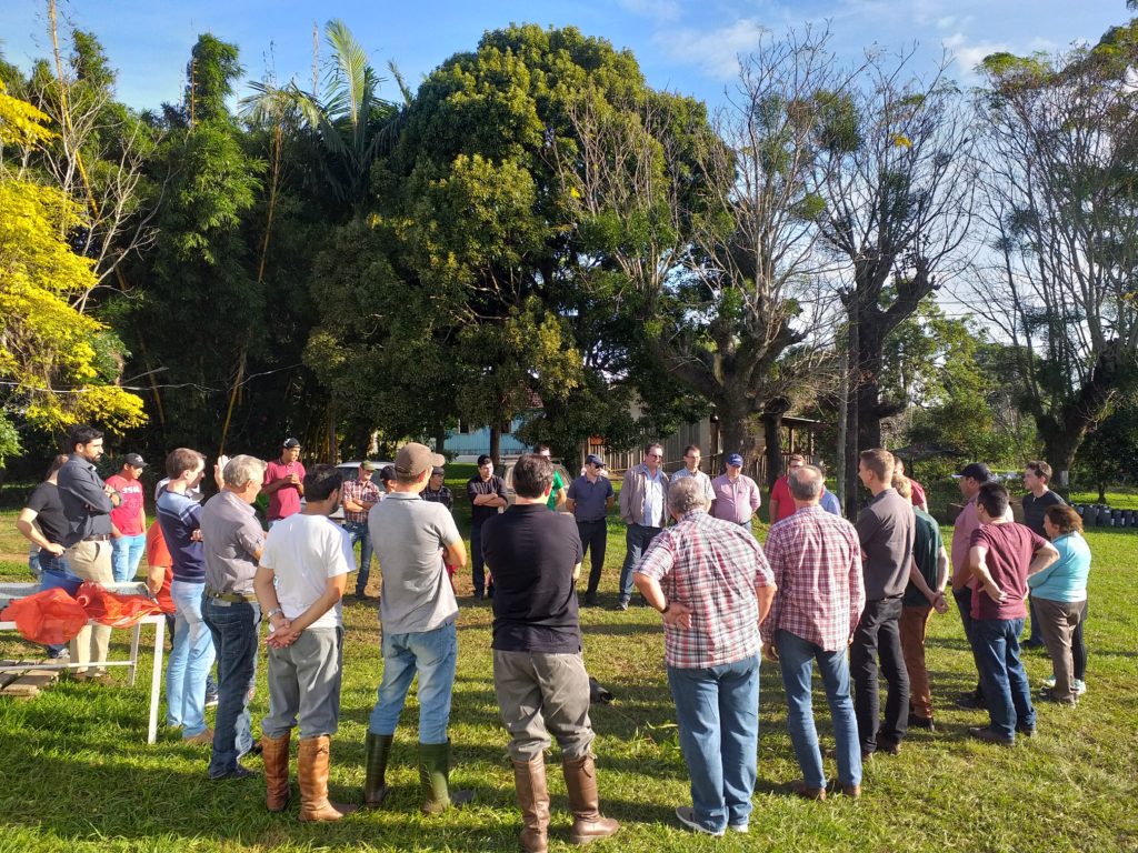 A group of Brazilian pecan growers gather outside for a training put on by IBPecan.