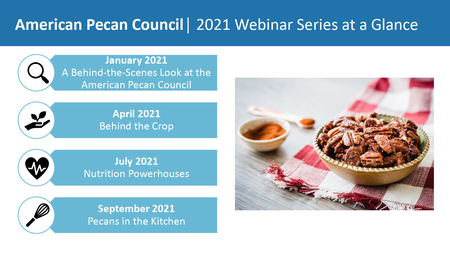The schedule for APC's quarterly webinar series to connect with credentialed health and wellness professionals.