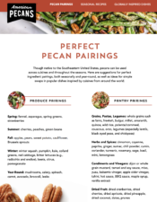 Handout from the APC titled "Perfect Pecan Pairings." This handout lists what produce and pantry items pair best with pecans. This handout is used to help nutrition and health professionals understand how they can best use pecans.