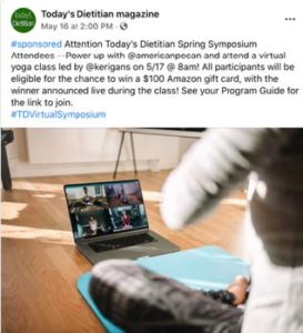 A screenshot of a Facebook post advertising the yoga event, sponsored by the APC, at the Today's Dietitian Virtual Spring Symposium 2021.