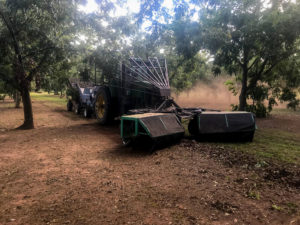 A harvester sweeps up pecans from an orchard floor during harvest. Harvesting in warm and humid conditions brings its own quality challenges.