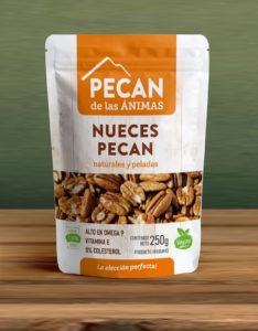 A white, matte snack package of pecan halves. The bag has orange accents and a photo of kernels across the middle.