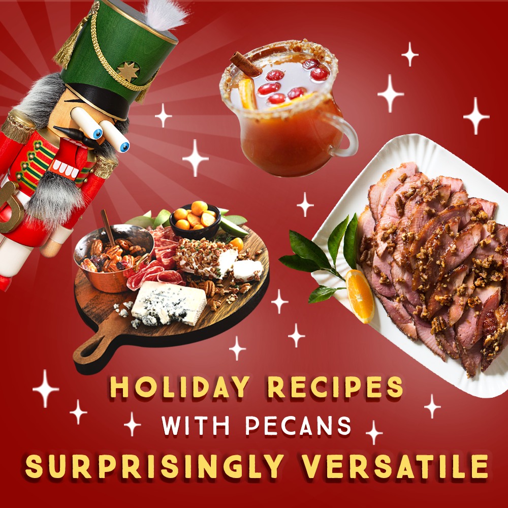 A social media ad for American Pecans. It shows a traditional nutcracker with a new face. The nutcracker stares with a dropped jaw and bulging eyes at three different pecan dishes. The ad reads, "Holiday recipes with pecans—surprisingly versatile." These ads were part of the APC's marketing export activities in Germany.
