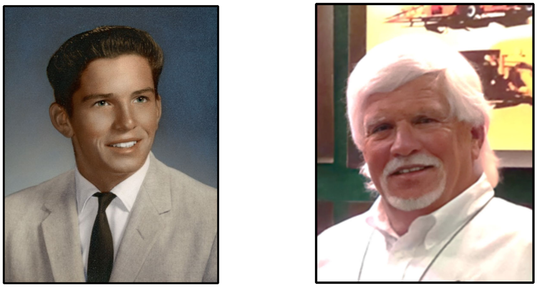 TThe photo on the left shows a young white man in a suit with brown hair. The photo on the right shows the same man, now in his 70s with white hair and a white goatee.