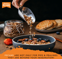 A screenshot of a social media post for pecans in India. Promoting the nut as a snack, the image reads, "Pecans are not only for pies and pralines. They are beyond your imagination."