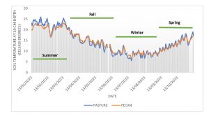A graph showing how soil temperatures changed throughout the year under the pasture versus under the pecan tree.