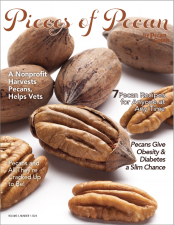 The cover of the 2024 edition of Pieces of Pecan, a consumer magazine nutty for pecans. It features an image of inshell pecans, pecan kernels, and a cracked inshell pecan. The magazine logo is at the top of the page, and there are four cover lines previewing articles on a nonprofit, pecan recipes, pecan health research, and pecan nutrition.