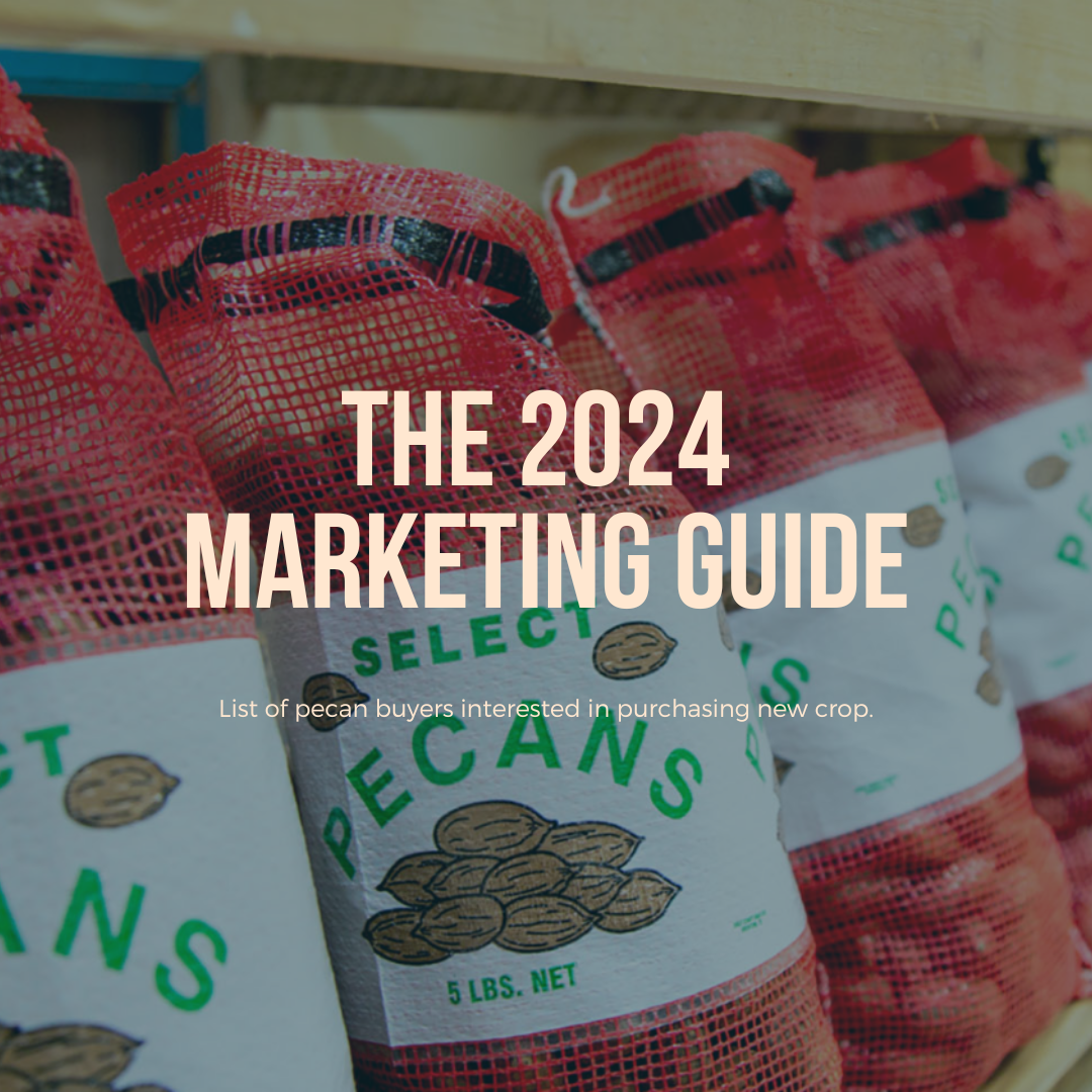 A picture of bagged pecans wit the text "Marketing Guide 2024" across it.