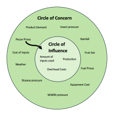 A green circle labeled "Circle of Concern" with examples scattered about the circle, including: product demand, pecan prices, insect pressure, weather, cost of inputs, disease pressure, wildlife pressure, equipment cost, fuel prices, and fruit set. In the middle of that circle is another circle labeled "Circle of Influence." It has examples scattered about too, including amount of inputs used. overhead costs, and production.