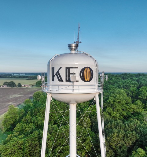 Photo courtesy of ProvisionUS, featuring the newly painted Keo Water Tower with our signature pecan-in-the-O logo.