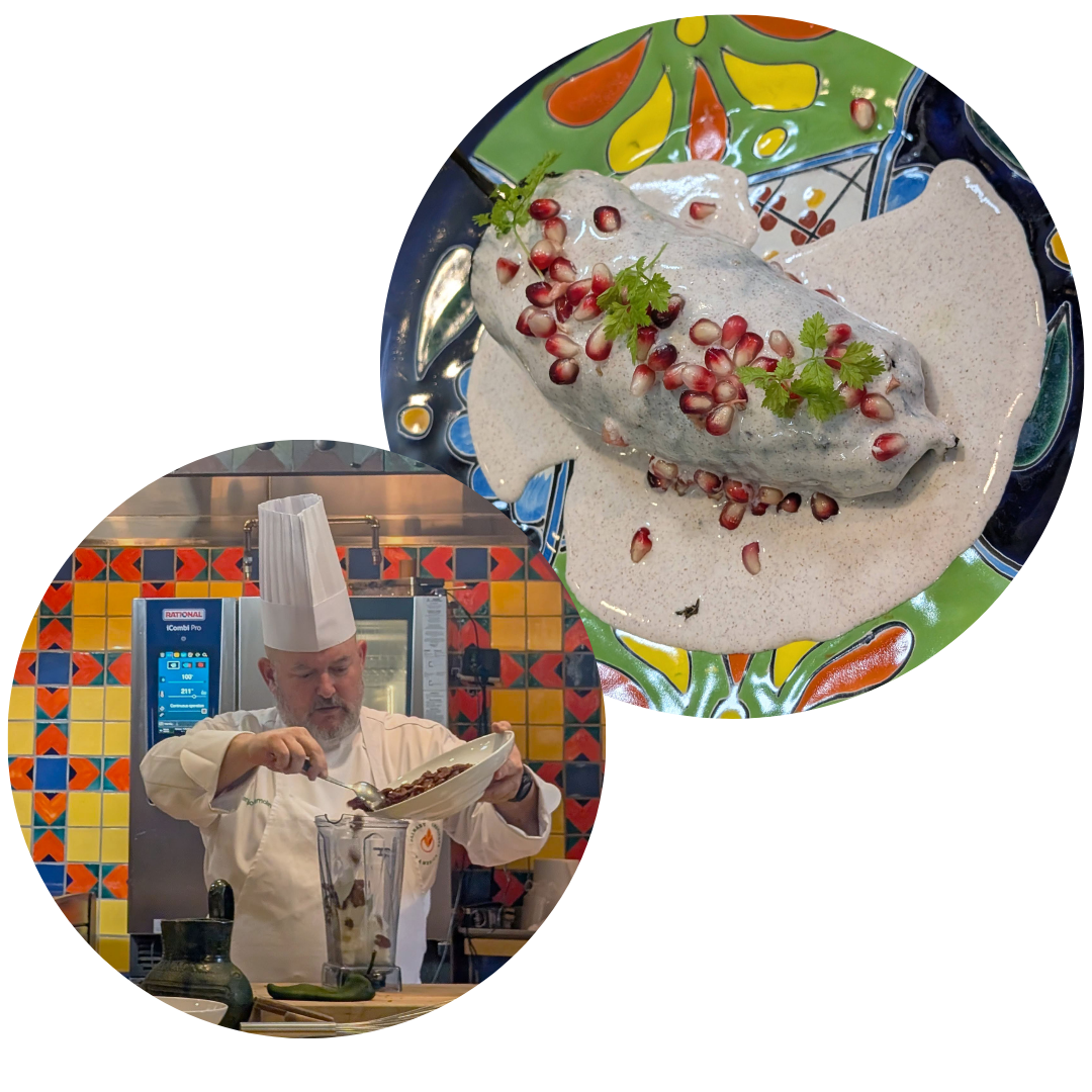 Chef Sergio Remolina from the Culinary Institute of America leads a culinary demonstration, incorporating pecans into a recipe for stuffed poblano chiles.
